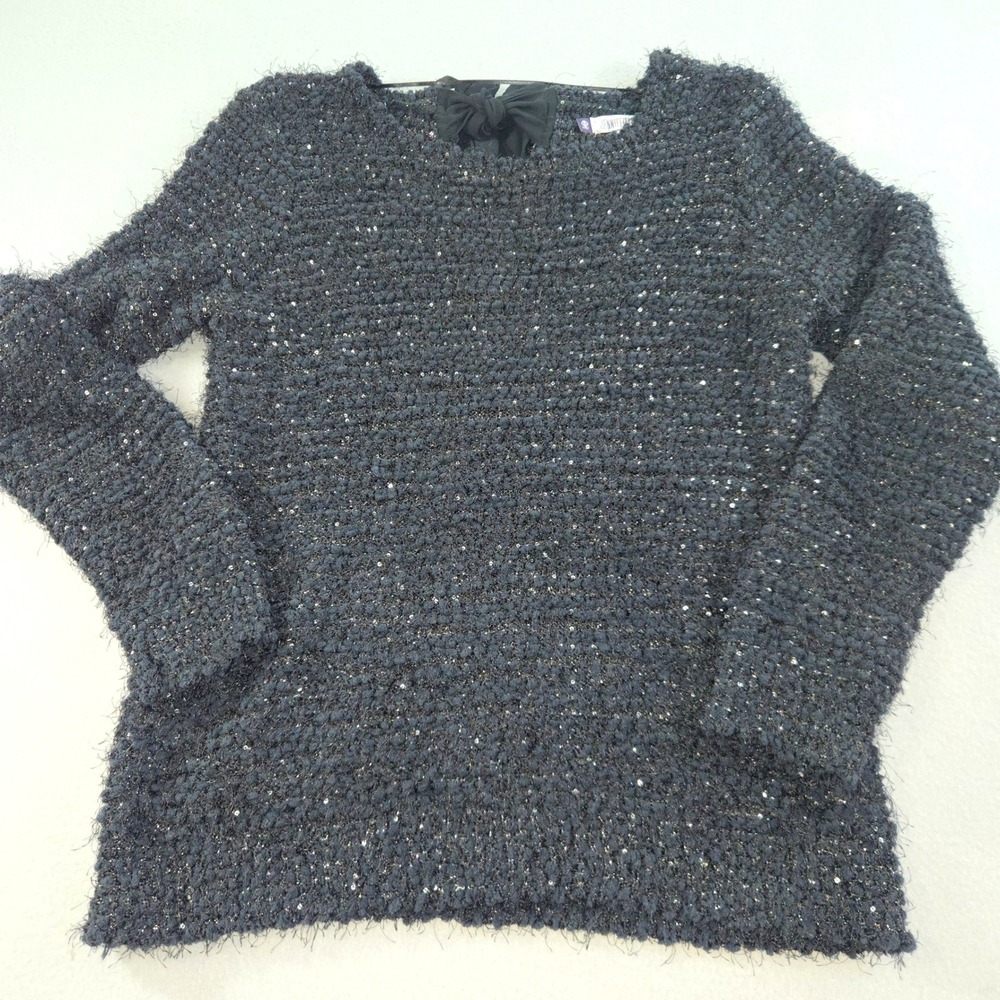 Jennifer Lopez Sweater Womens XL Navy Blue Sequin Popcorn Knit Bow Back NEW